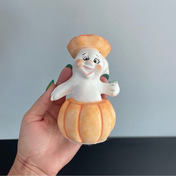 Vintage | Peek-A-Boo Ghost In Orange Pumpkin Gothic Kawaii Kitsch Cute Halloween - Picture 5 of 9